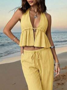 2 piezas Conjunto casual de vacaciones para mujer con top halter sin espalda y pantalones en color caqui tejido - Amarillo 4 - Ver 5