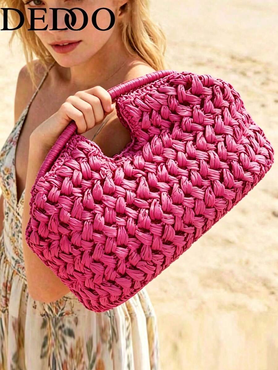 DEDOO 2026 Nuevo Bolso de Mano de Fibra Natural, Bolso de Playa de Verano de Paja de Rafia Tejida a Mano, Bolso de Paja Tejida