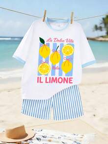 2pcs Girl Set Round-Neck Short-Sleeve T-Shirts With Lemon Pattern Color Print And Casual Striped Shorts Summer Beach Holiday Vocation Set - Baby Blue - View 2