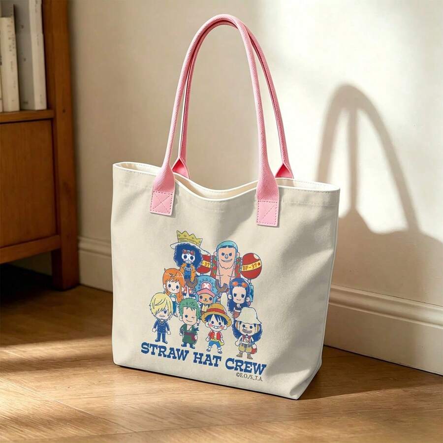 Miniso One Piece Cute "Straw Hat Crew" All-Member Chibi Print Canvas Tote Bag,Beige Shoulder Bag For Daily Use - Pink - View 1