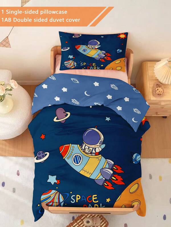 2 PIEZAS Juego de ropa de cama de astronauta espacial lindo, 1 funda de almohada de una cara + 1 funda nórdica reversible, ropa de cama de dibujos animados 3D para niñas bebés para uso en todas las estaciones (sin relleno) 100% poliéster