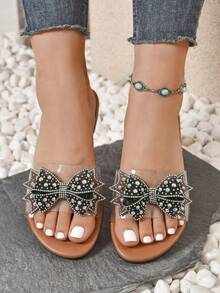 2026 Summer Plus Size Women's Fashion Transparent Strap Casual Flat Slippers, Simple Design With Bow And Rhinestone Decor, Luxury Versatile Beach Holiday Sandals - Black - View 3