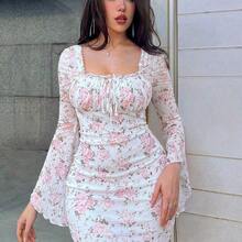 guangzhougaolangshangmao  Vestido entallado con busto fruncido con manga acampanada y diseño de impresión floral con lazo al frente - Rosa - Ver 7