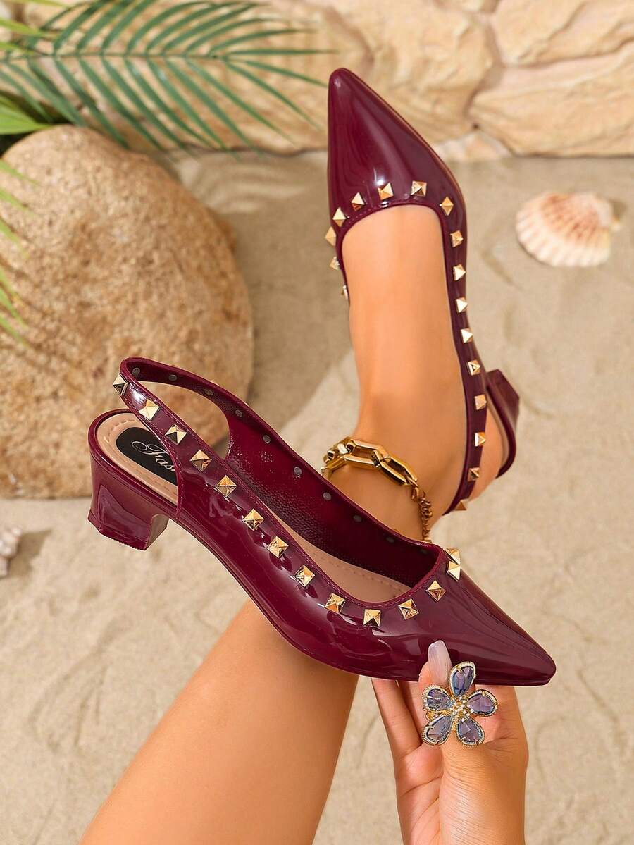 Women's Rivet Decor Pointed Toe Backless Chunky Heel Low Heel Mules, Elegant Versatile For Workplace, Commute, Daily Casual Wear. Comfortable Soft Sole, Suitable For Dates, Holidays, Weddings, Vacations, Commuting And More Occasions - Burgundy - View 1