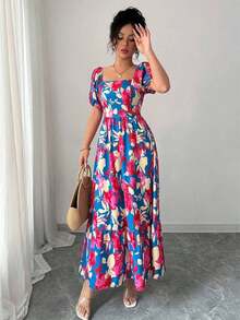 Women's Dress With Petal Sleeve Design, Square Neck And Fitted Waist With Print - 灰色 - 查看 6