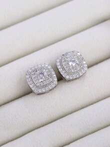 2 Pairs Retro Square Rhinestone Studded Hip Hop Style Earrings, Fashionable & Delicate Unisex Daily Wear Earrings - Square - View 3