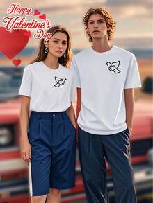 New Arrival,Valentine's Day Matching Couple T-Shirts - His & Hers, Casual & Sporty, Round Neck Short Sleeve with Print, Perfect for Spring/Summer outi - Femme/Blanche - Voir 1
