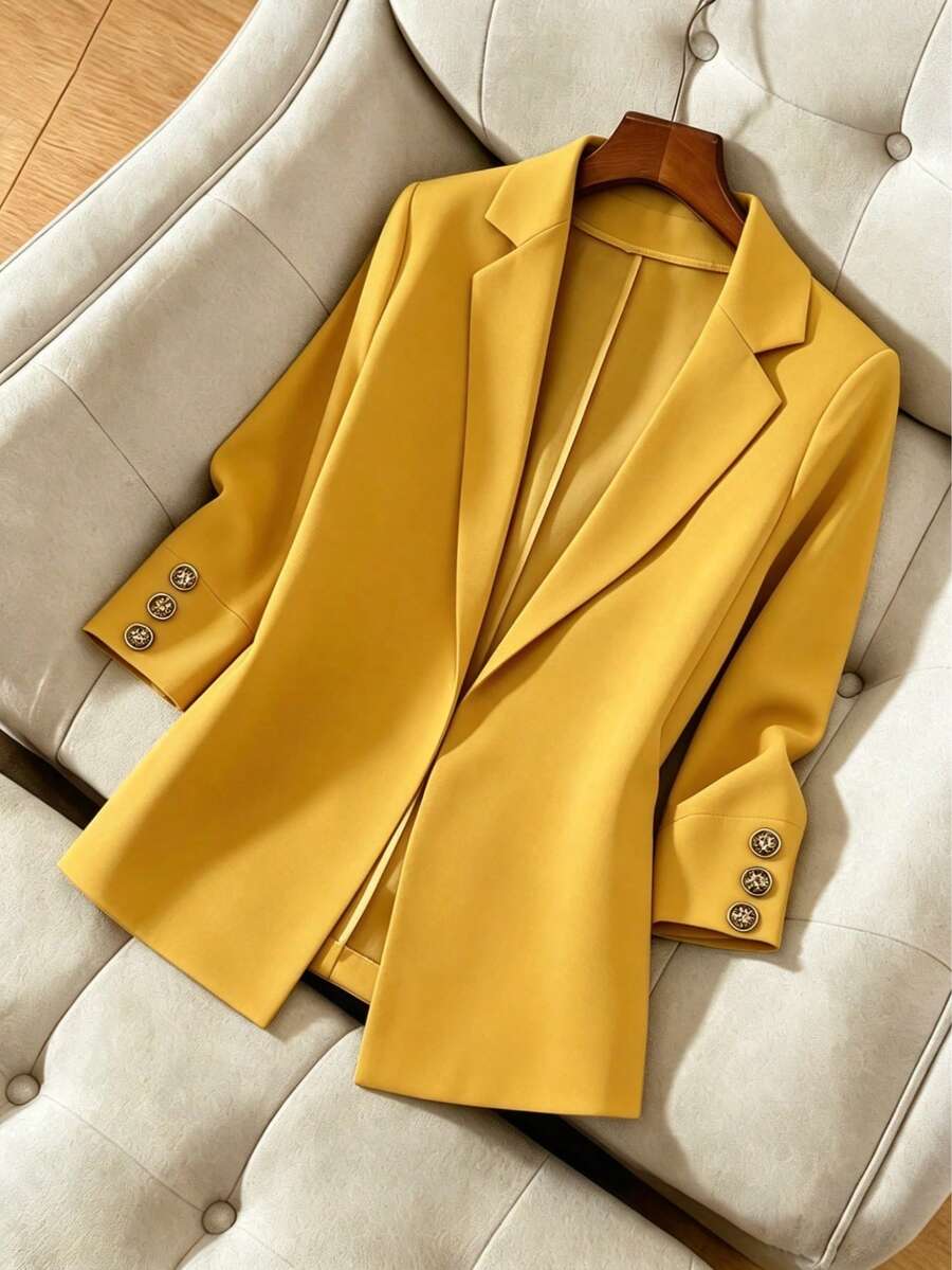 Women's Notched Lapel Blazer - Bộ đồ mỏng màu vàng* - Xem 1
