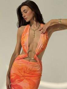 xheAloruh Vestido de mujer con diseño halter escotado en la espalda y decoración metálicaxhe - Naranja - Ver 4