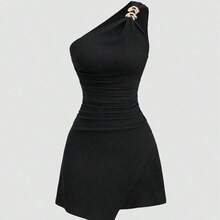 guangzhougaolangshangmao  Vestido elegante y versátil para ir al trabajo, con cuello asimétrico, textura de tela plisada y abotonado, con estilo Y2K sexy - Burdeos - Ver 4
