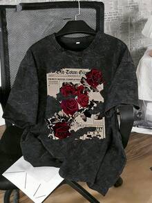 This Casual Set Includes A Black Snowflake Print Round Neck T-Shirt And Snowflake Print Shorts, Designed For Older Boys. It Features A Creative Comic Rose Flower Pattern And Letter Print, Making It Suitable For Older Children To Wear. - Black - View 3