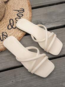 Your New Summer Essential Is Here! These Beige Thin Strap Square Toe Slides Instantly Brighten Your Skin Tone And Elongate Your Leg Lines. - Beige - View 3