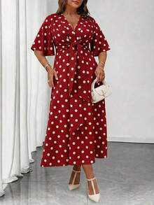 Vestido maxi de línea A con cuello en V, volantes y mangas cortas, con cintura anudada, para uso diario, talla - Rojo - Ver 4