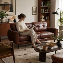 Sofa Couch 61" Small Loveseat Couches For Living Room Chestnut Brown Leather Couch Mid Century Modern Tufted Mini Sofa Comfy Office 2 Seat Settee Love Seat For Small Spaces Bedroom - màu nâu - Xem 8