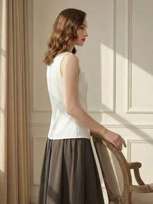 Top casual de tirantes con cuello cuadrado acanalado y abotonado, minimalista para el día a día - Blanco 2 - Ver 5