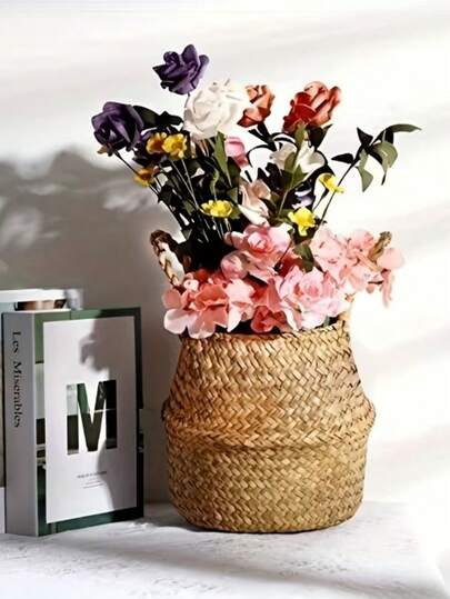 Giỏ trồng cây bằng cỏ biển đan thủ công cỡ lớn, giỏ đựng đồ đan gấp gọn dùng để trang trí nhà cửa, chậu trồng cây phong cách Boho tự nhiên cho phòng khách và khu vườn.