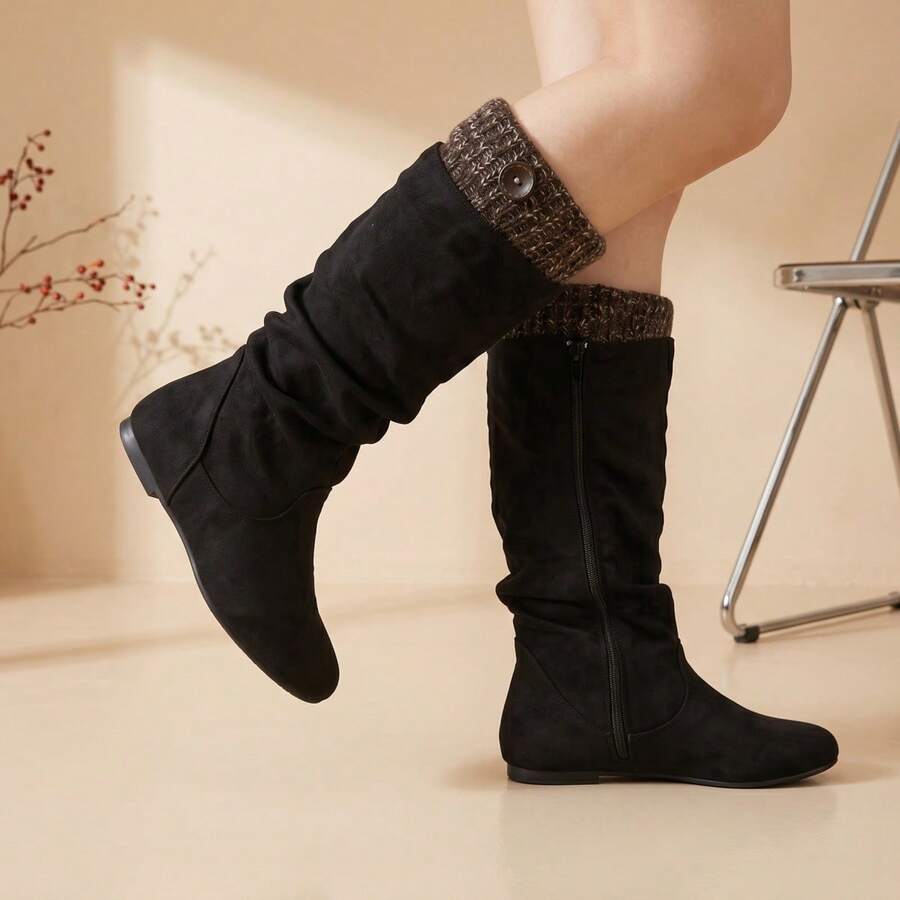 DENGWEISI Black Pleated Side Zipper Flat Round Toe Comfortable Versatile Office Commute Daily Holiday New Fashion Mid-Calf Boots For Women - Black - View 1