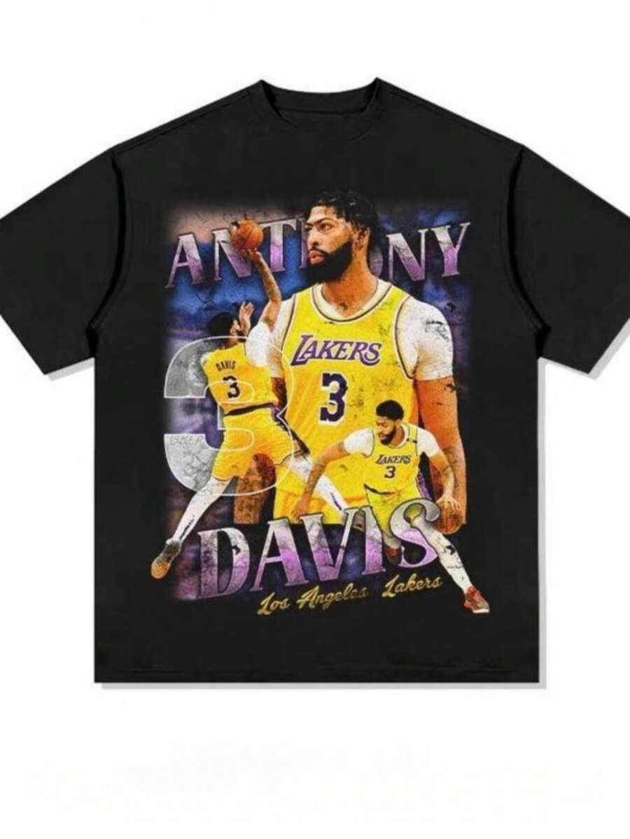 playeras de mujer Anthony Davis T Shirt Unisex Oversized Cotton Short Sleeve Jersey Number Print Bold Stylish Design Daily Streetwear Tee - Negro - Ver 1