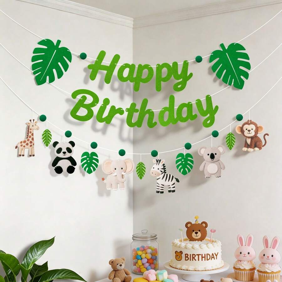 1套森林动物主题悬挂装饰,生日派对庆祝花环横幅 - 彩色 - 查看 1