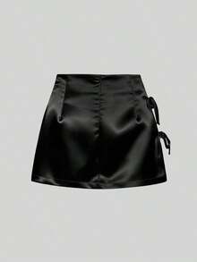 Minifalda de satén rosa con abertura y lazo, estilo A-line, sexy, adecuada para uso diario - Negro - Ver 2
