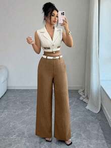 Conjunto de corto sin mangas de color contrastante y pantalones rectos elegantes de estilo de oficina para mujer, atuendo profesional de oficina, vestimenta de maestra, ropa para ir y venir y uso casual - Caqui - Ver 5