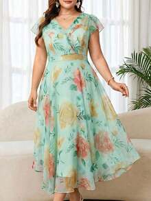 Reflora Vestido floral elegante para mujer de talla, vestido de invitada de boda de verano - verde menta - Ver 12
