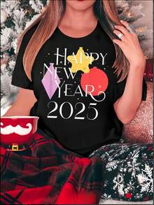 New Arrival,1pc Happy New Year 2025 Graphic Print T-Shirt for Women, Casual Crew Neck Short Sleeve Tee, Fashionable all-Season Knit pure cotton Top wi - nero - View 1