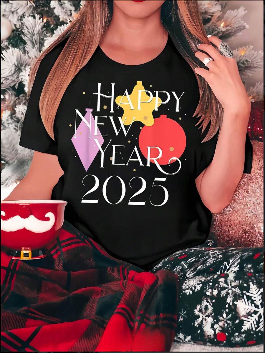 New Arrival,1pc Happy New Year 2025 Graphic Print T-Shirt for Women, Casual Crew Neck Short Sleeve Tee, Fashionable all-Season Knit pure cotton Top wi - nero - View 1