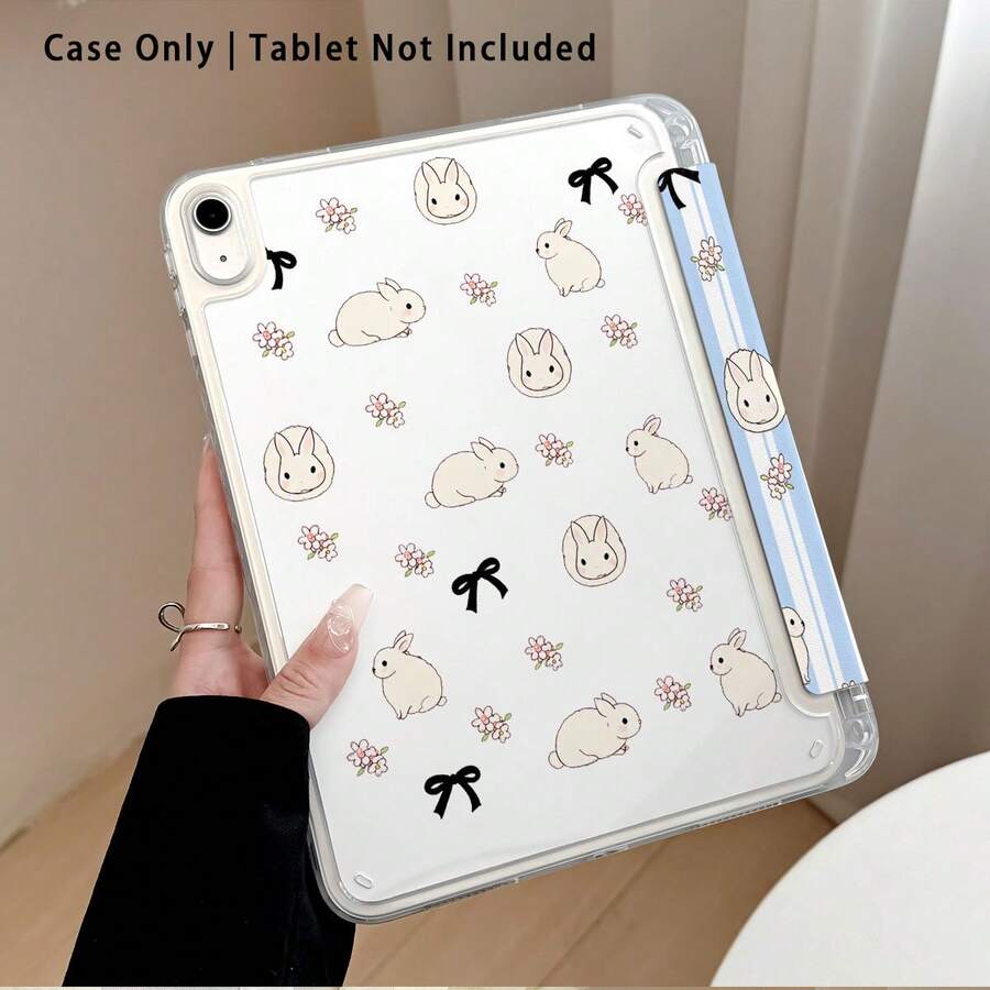 Funda protectora de cristal acrílico para tableta con efecto pintado de rayas azules & blancas, conejo blanco, lazo & patrón floral pequeño, con soporte, plegable anti-doblez, esquinas reforzadas de silicona, función de activación/suspensión automática, ranura para lápiz integrada, soporte plegable multi-ángulo - Multicolor - Ver 1