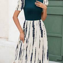 Nana's Women's Clothing Store  Clasi Vestido midi de punto acanalado con cuello alto y estampado, mangas gigot para mujer, elegante para vacaciones y uso diario - Multicolor - Ver 4