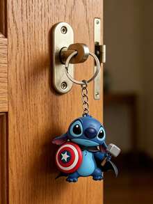 Disney 迪士尼 Lilo Stitch 2D 壓克力鑰匙圈 - 超級英雄跨界 Stitch 印花吊飾附盾牌與雷神之錘，拋光金屬環，輕巧適用於鑰匙、包包、背包 - 多色 - 查看 1