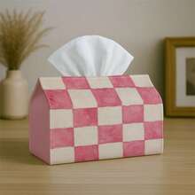 2D Flat Watercolor Pink & White Checkerboard Geometric Fabric Tissue Box Cover, Polyester Wear-Resistant Rectangular Tissue Storage Holder, Minimalist Fresh INS Style, Versatile Soft Decor For Living Room, Bedroom, Bathroom, Vanity, Car, Desktop Decoration - Multicolor - View 5