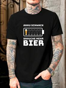 Camiseta de verano para hombre, estilo urbano, con gráfico de jarra de cerveza y nivel de batería, eslogan en alemán que indica que la batería baja requiere más cerveza, camiseta casual de verano de manga corta y cuello redondo. - Negro - Ver 6