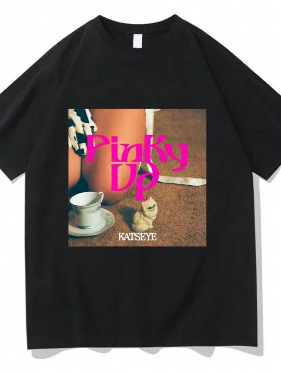 playeras de mujer KATSEYE PINKY UP Graphic T Shirts Fashion Men Women O-Neck Short Sleeve pure Cotton Casual Tees Hip Hop Casual Streetwear - Negro - Ver 1