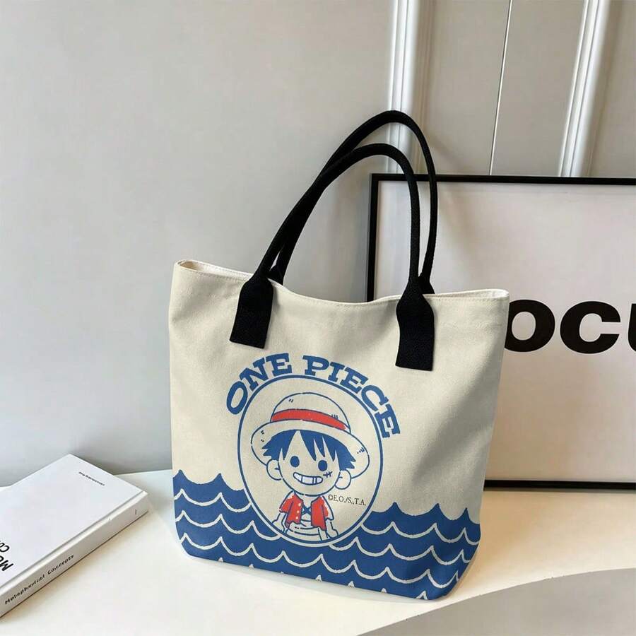 Miniso Túi tote vải canvas in hình Luffy chibi dễ thương từ One Piece với chữ "ONE PIECE" và họa tiết sóng biển, màu be, thích hợp sử dụng hàng ngày. - màu đen - Xem 1