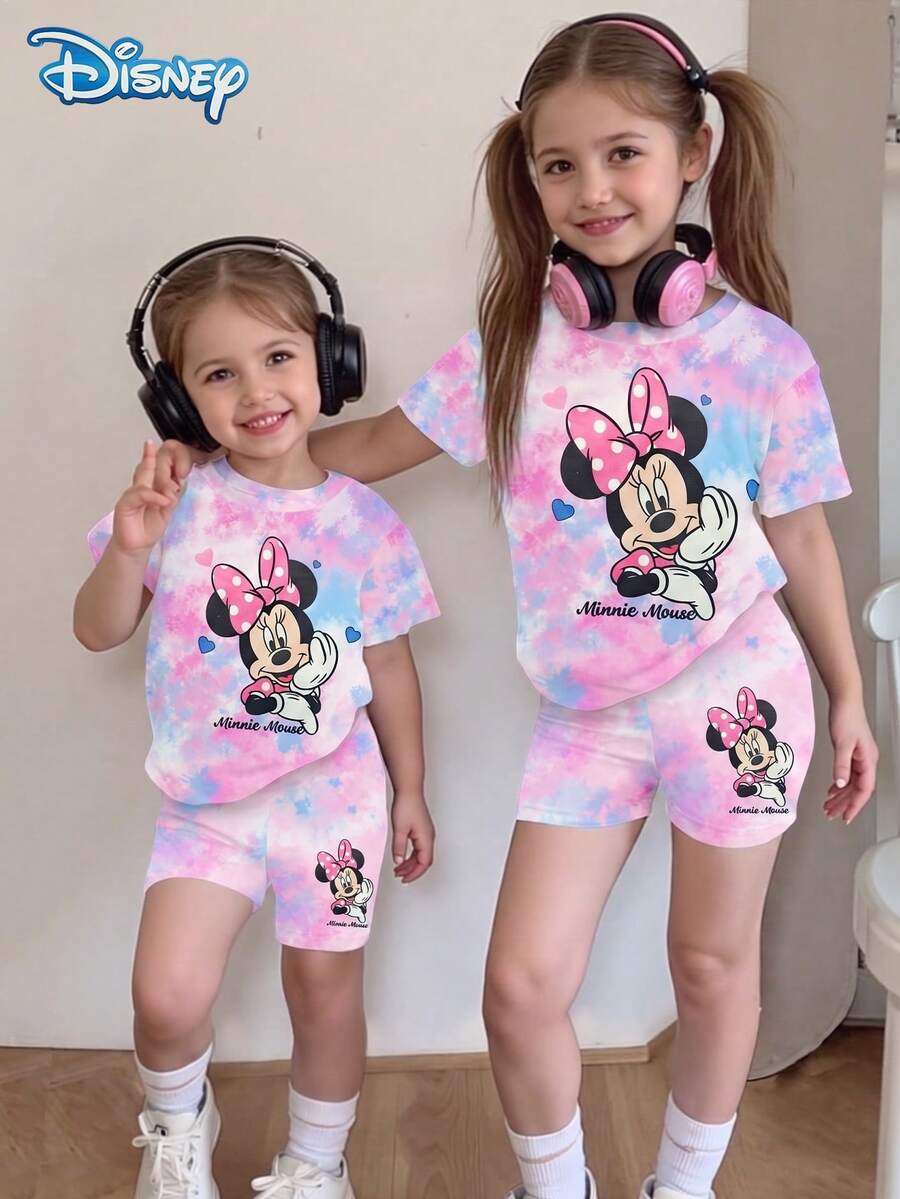Disney 女嬰夏季米妮老鼠印花短袖T恤與短褲套裝,可愛休閒度假穿搭,粉藍漸染彈性腰短褲,戶外服飾 - 粉色 - 查看 1