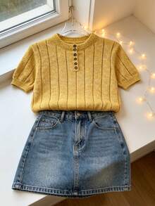 Women's Warm Yellow Short Sleeve Sweater, Cable Knit Pullover, Regular Length Knit Top, Ribbed Hem, Slightly Stretchy, Comfortable To Wear, Vintage Style, Suitable For Summer, Autumn - Yellow - View 4