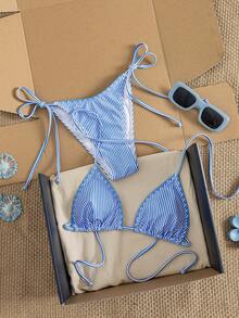 Bộ bikini buộc dây cổ màu trơn, gợi cảm, tối giản, thích hợp cho nữ, đi biển, du lịch, dự tiệc, mẫu mới Xuân/Hè. - sọc dọc màu xanh và trắng - Xem 6
