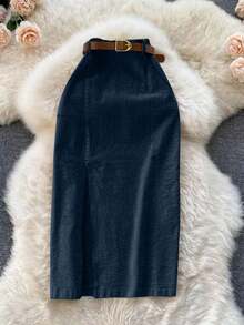 SMUM Women's Corduroy Skirt With Pockets And Slit, With Belt, In Khaki And Leopard Print - Dark Gold - 查看 1