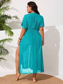 Vestido casual de playa para mujer de talla grande con abertura lateral y parches de encaje - Agua verde azul - Ver 5