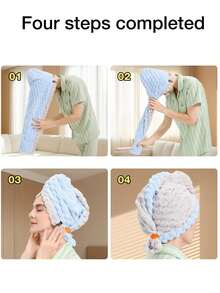 2/1 Set, 50*70cm Yunduoge Double-Layer Dry Hair Cap. Elastic Wide Tail, Thick Coral Fleece, Super Absorbent & Quick-Drying. Great For Long Curly Hair, Protects Damaged Hair And Prevents Frizz. Soft Comfy, Ideal For Home, Travel, Salon And Daily Use. - Multicolor - View 8
