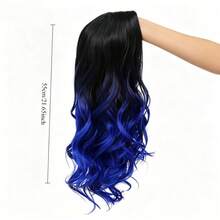 Black Background, Navy Blue Gradient, Large Wavy Long Wig With Natural Black Hair Roots, Smooth Transition To Rich Navy Blue, Creating A Mysterious And Cool Style For Daily Leisure Outings, - View 2