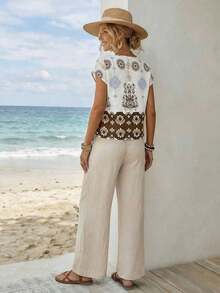 Conjunto de 2 piezas de top y pantalones con estampado vintage casual para vacaciones de mujer, conjunto de atuendo de vacaciones, conjunto de atuendos casuales de mujer, conjunto de atuendos de verano de mujer, conjunto bohemio para mujer, coords para mujer, pantalones y top, atuendo casual de playa para mujer, top conservador - Multicolor 7 - Ver 7