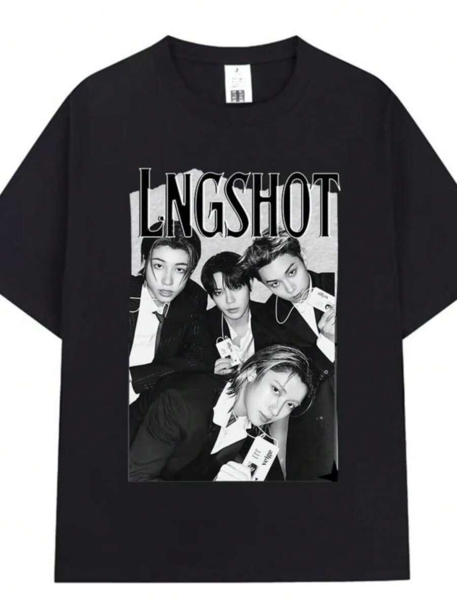 playeras de mujer Korean Kpops Hip Hop Group Lngshot Graphic Print T Shirt Men Women Clothing Fashion Short Sleeve pure Cotton Casual T-shirts - Negro - Ver 1