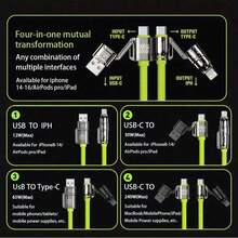 240W 4合1 USB 快充線，最大輸出功率 240W 多功能 USB-C 快充線。配備 Type-C/USB-A/Lightning 接口與雙接口設計，支持三種充電模式：USB-A/Type-C/Lightning。兼容 16/15/14/13/12/11 Pro Max，兼容 S25/S24/S23 及其他設備 - 彩色 - 查看 3
