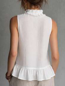 Áo tank top nữ phong cách Bohemian, vải dệt, không tay, cổ chữ V, gấu bèo nhún, màu trắng, mặc thường ngày - trắng - Xem 2