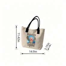 Miniso One Piece Tony Tony Chopper "Wanted Dead Or Alive Chopper" Print Canvas Tote Bag, Beige Shoulder Bag For Daily Use - White - View 5