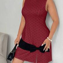 guangzhougaolangshangmao  Vestido mini de punto de línea A con contraste de lunares y lazo, elegante y sin mangas, para mujer de talla grande, primavera/verano - Multicolor - Ver 11