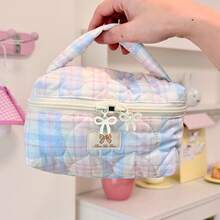 1pc Multi-Color INS Style Versatile Pouch, Plaid & Floral Patchwork Heart Design, Bow Decor Zipper Closure, Casual Foldable Lightweight Carry-On Bag, Cosmetic Organizer, Jewelry Storage Pouch, Multi-Functional Women's Toiletry Bag - Multicolor - View 14