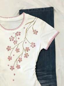 Camiseta casual de mujer con cuello redondo, manga corta y pliegues - Blanco 2 - Ver 3